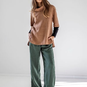 Size: S Ready to ship Roll neck linen top, funnel neck blouse, linen turtleneck top, long sleeve linen shirt with slits ECLAIR image 4