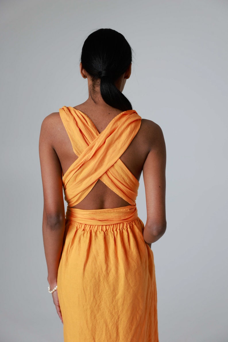 Maxi linen dress with open back and side slits, backless dress with belt and pockets ANGELINA image 3