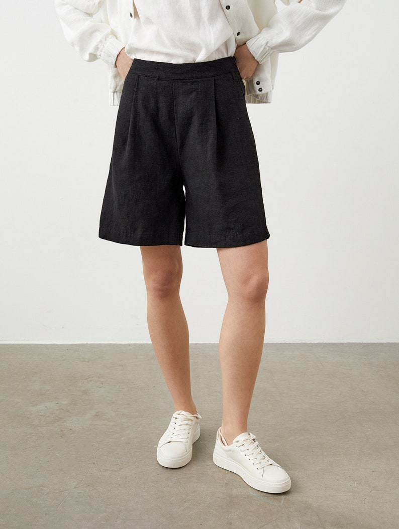 Pleated linen shorts for women, high rise shorts with pockets, elastic back bermuda shorts WALK image 1