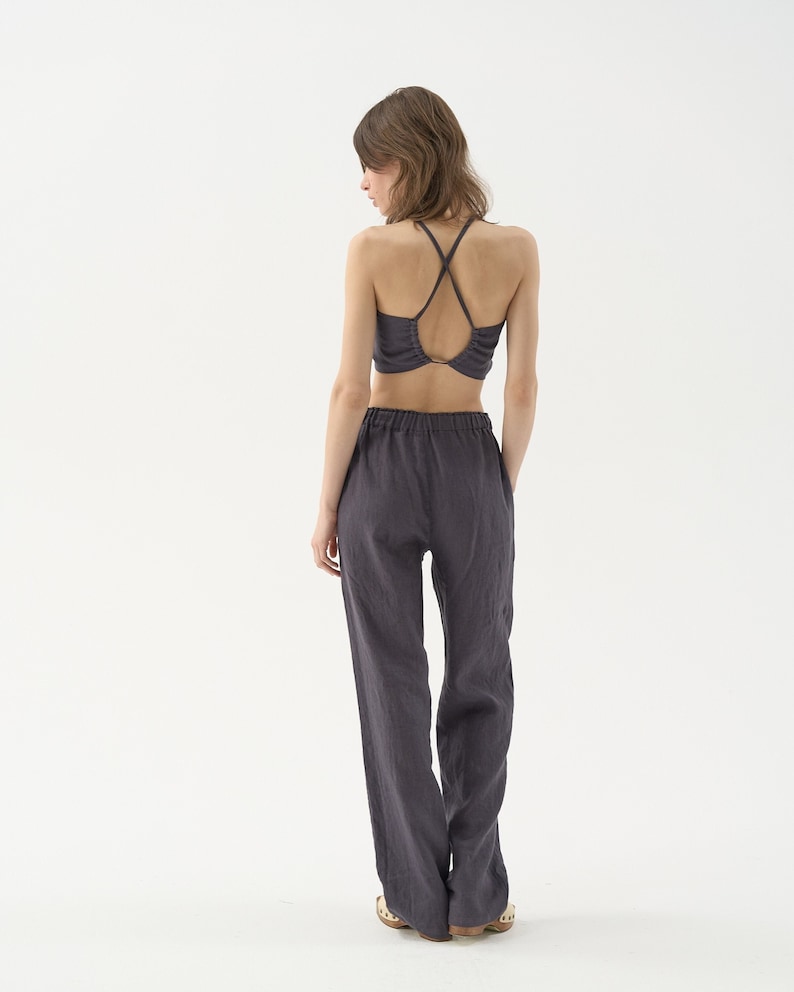 Elastic waist trousers, wide-leg linen pants with pockets, long linen pants for women STORM image 1