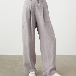 Linnen broek met wijde pijpen en zakken, palazzobroek met hoge taille voor dames, geplooide linnen broek MUSCAT afbeelding 6