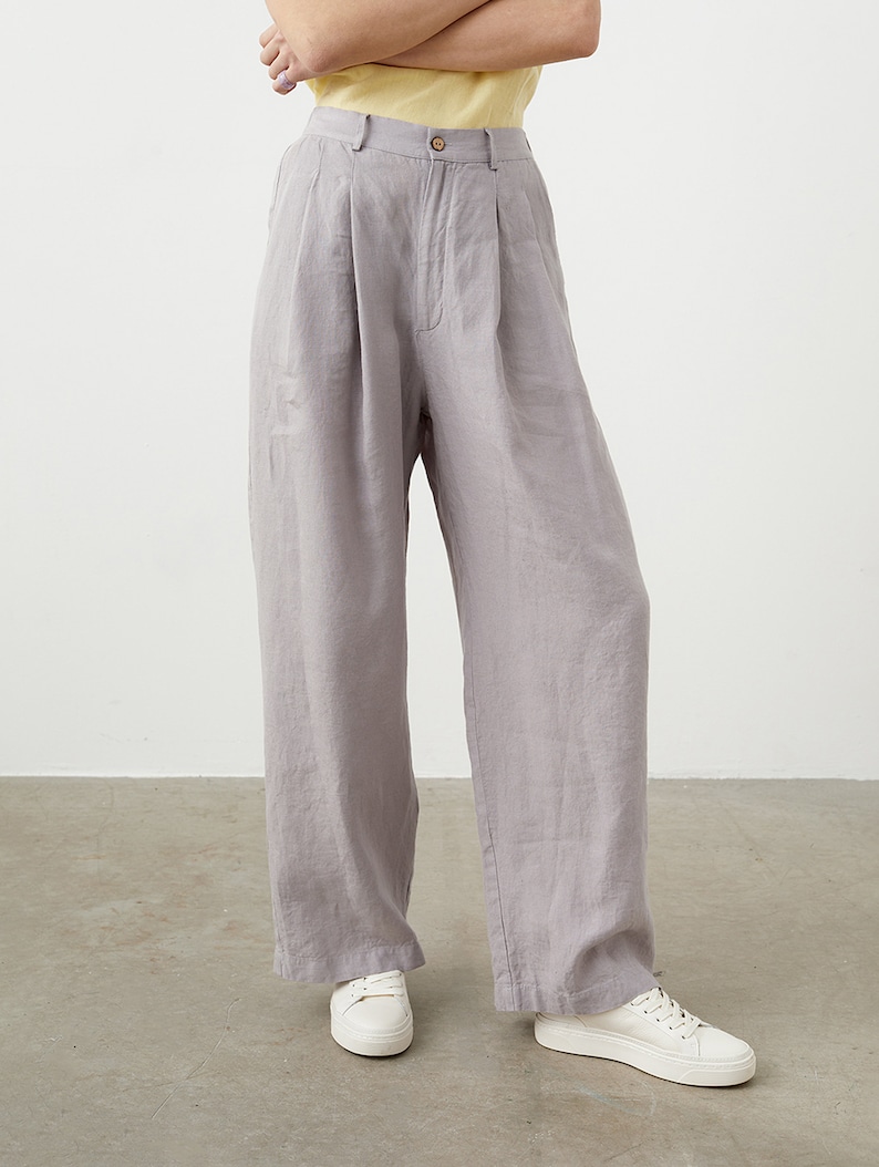 Linnen broek met wijde pijpen en zakken, palazzobroek met hoge taille voor dames, geplooide linnen broek MUSCAT afbeelding 6
