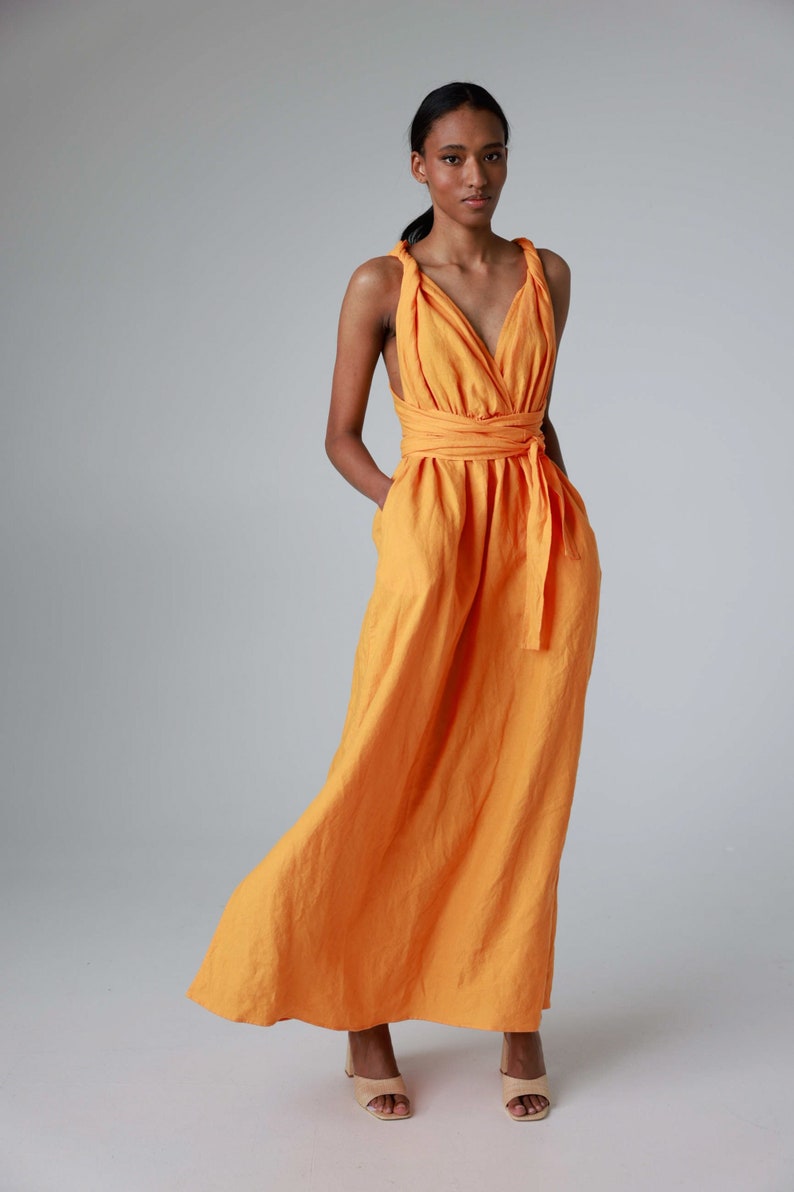 Maxi linen dress with open back and side slits, backless dress with belt and pockets ANGELINA image 1