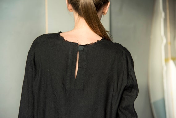 Loose black linen top for women linen blouse with long | Etsy