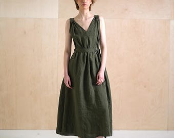 Open back linen summer dress, Tied waist V neck linen dress with slits, Deep neck A line flared linen dress LINDEN
