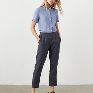 Heavy linen tapered pants with pockets, cropped linen trousers, linen pants for women LATTE image 7