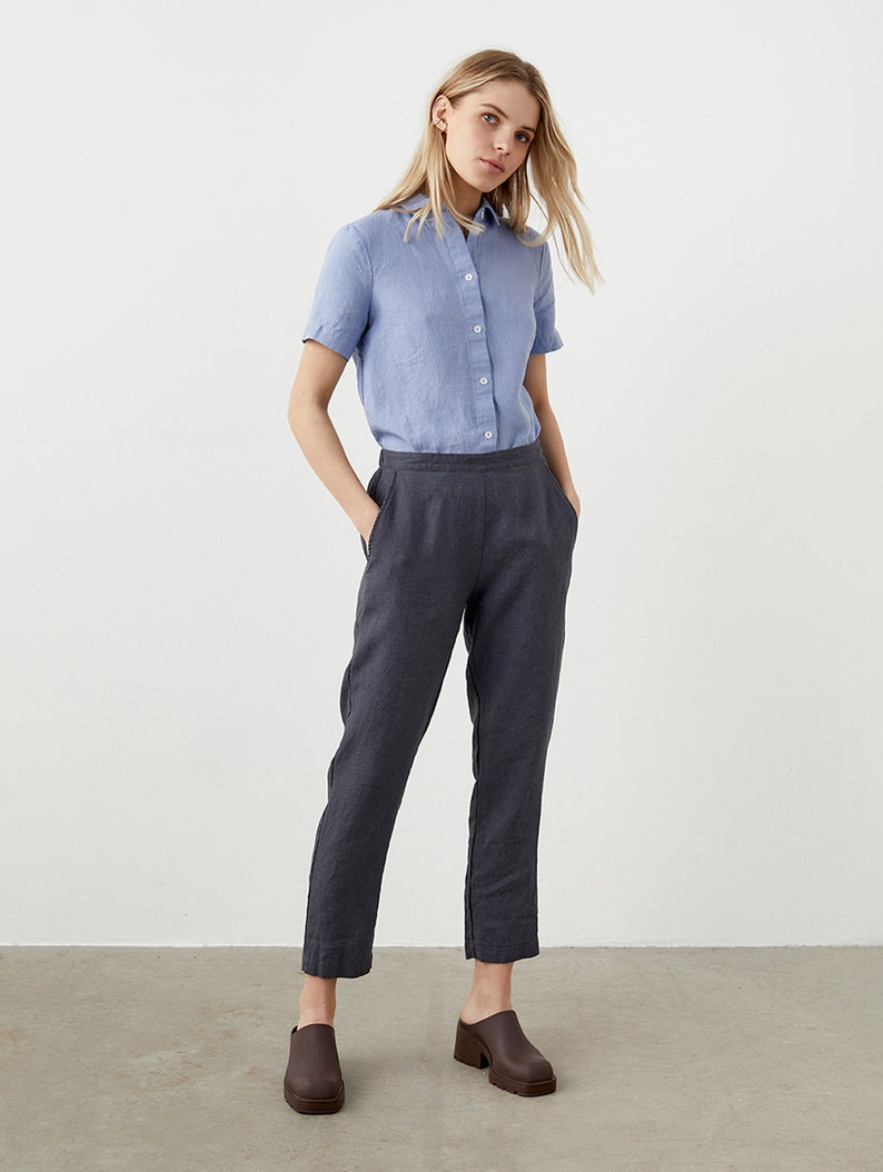 Heavy linen tapered pants with pockets, cropped linen trousers, linen pants for women LATTE image 7