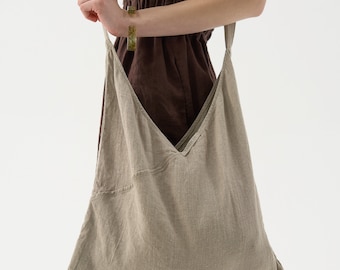 Linen shoulder bag, cross body tote, large linen bag with pocket for everyday wear TENERIFE