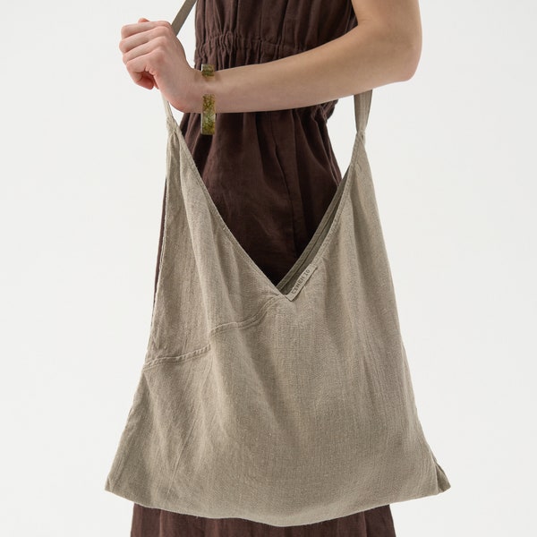 Linen shoulder bag, cross body tote, large linen bag with pocket for everyday wear TENERIFE