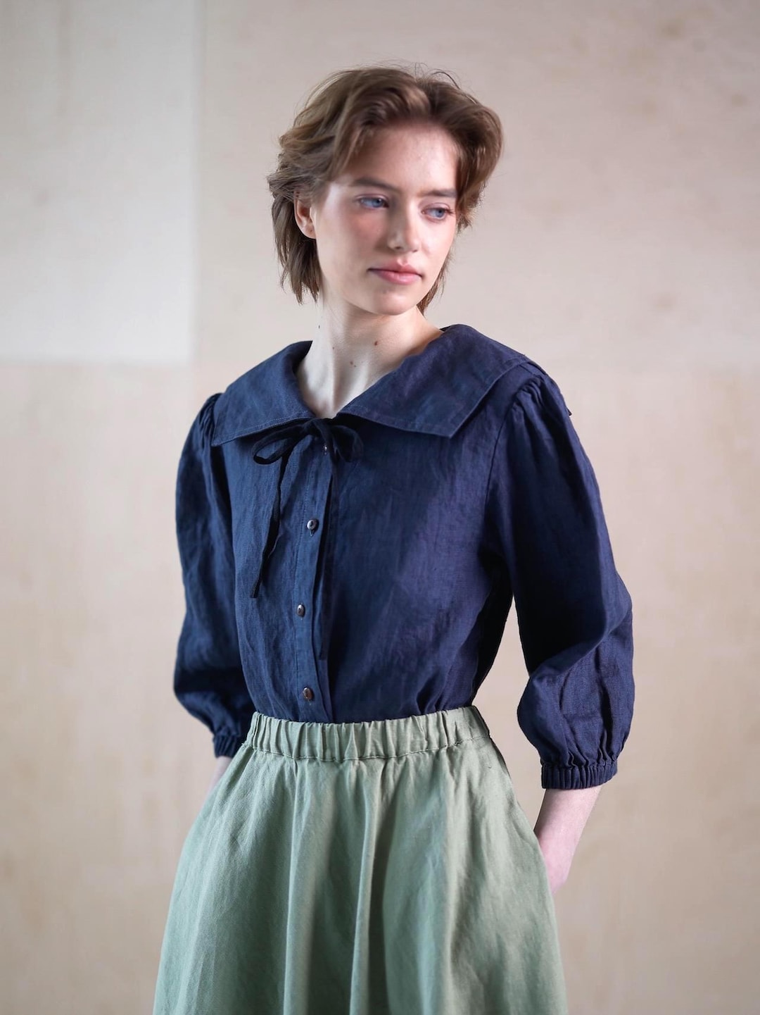 Linen Sailor Collar Blouse – Puff Sleeve Retro Style Top, Square