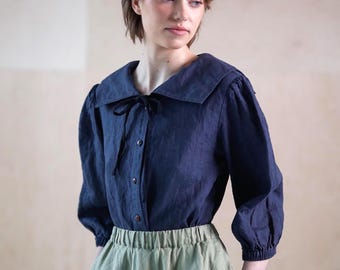 Linen sailor collar blouse – Puff sleeve retro style top, Square collar loose linen shirt, Cottagecore blouse SAILOR