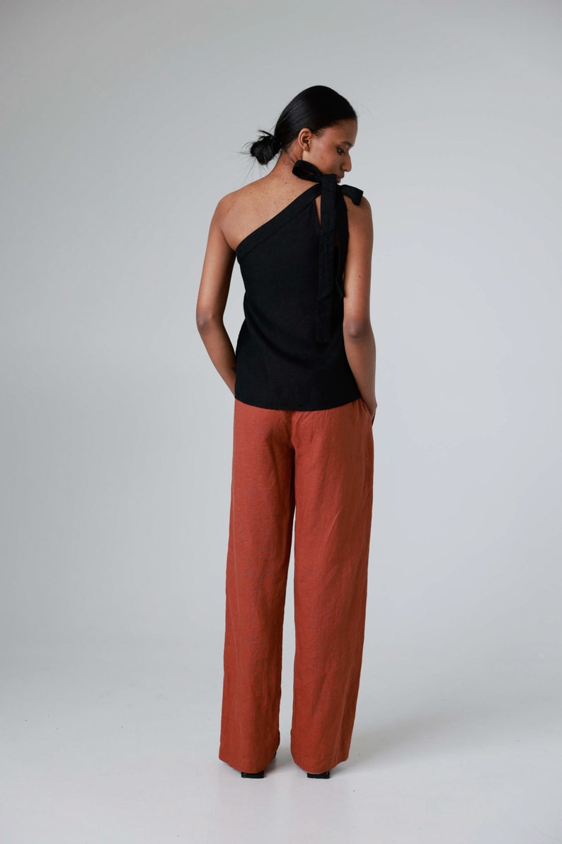 Elastic waist trousers, wide-leg linen pants with pockets, long linen pants for women STORM image 5