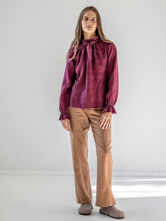 Blusa de lino con cuello pajarita para mujer top de lino con