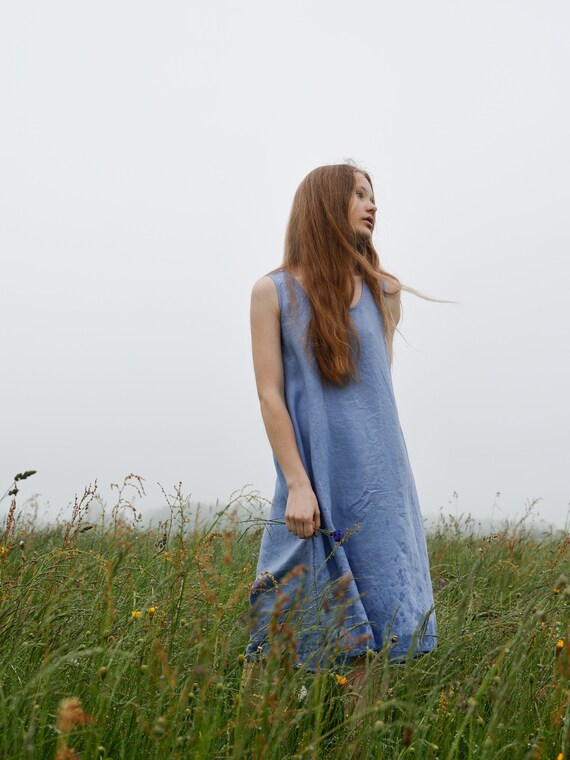 Blue And Yellow Linen Summer Dresses Women Loose Clothes