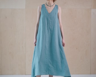 Linen maxi dress, extra flowy linen kaftan dress with pockets and belt MAGNUM