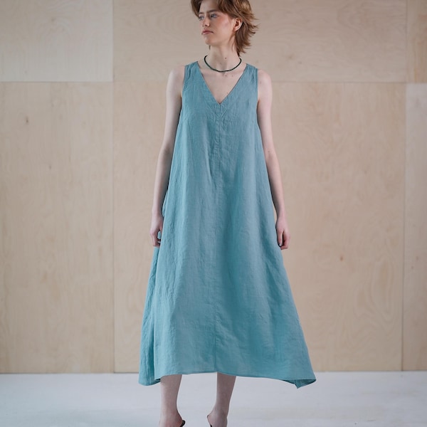 Linen maxi dress, extra flowy linen kaftan dress with pockets and belt MAGNUM