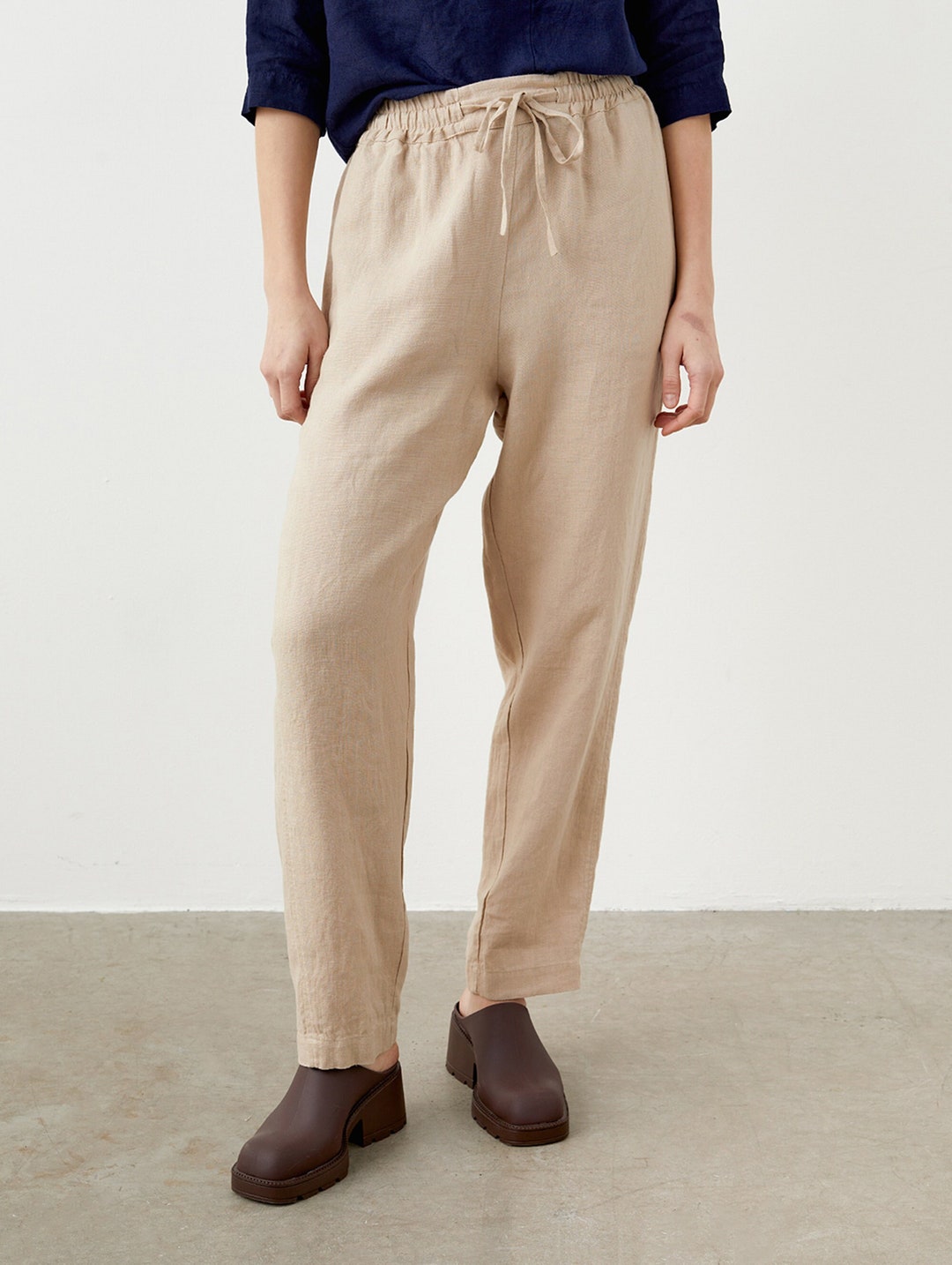 Crochet Lace Trim Tapered Linen Pants