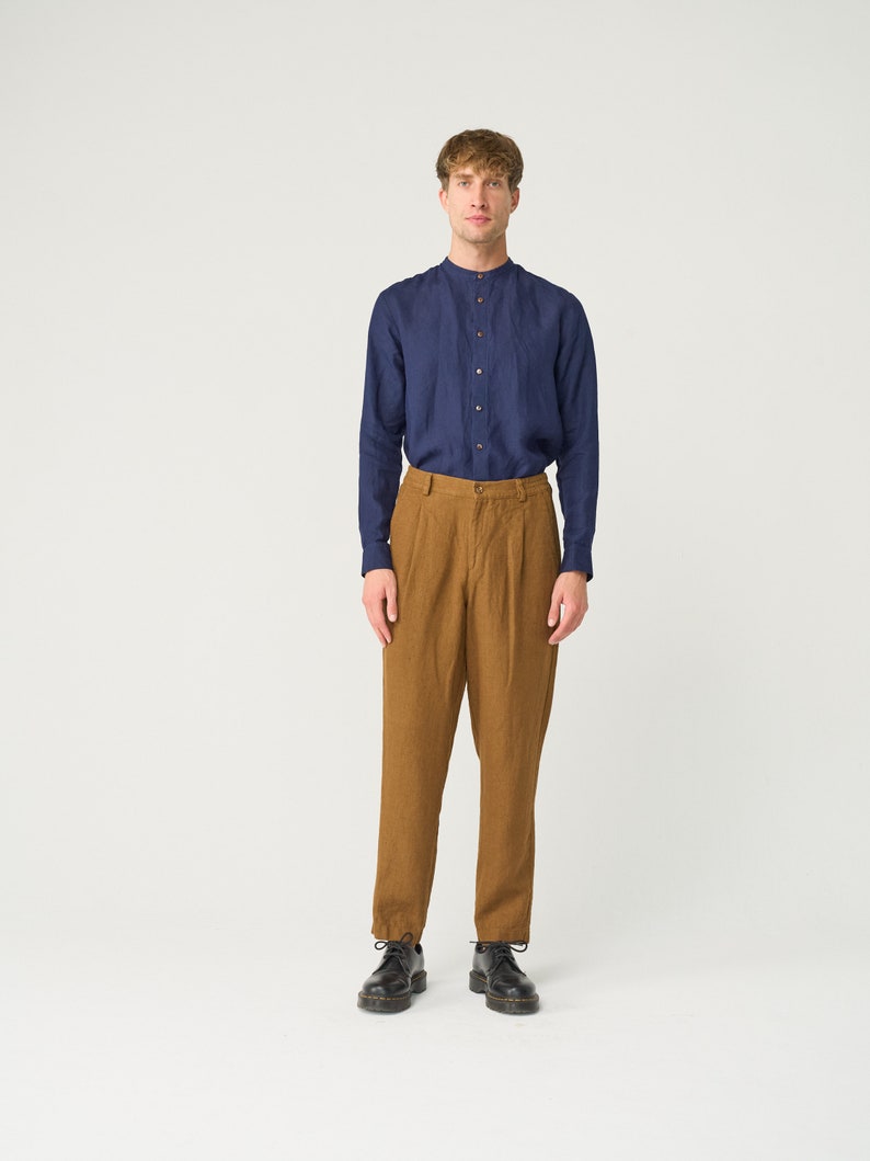 Pantaloni da uomo in lino affusolati con cerniera ed elastico posteriore, pantaloni in lino pesante plissettato NIKO immagine 3