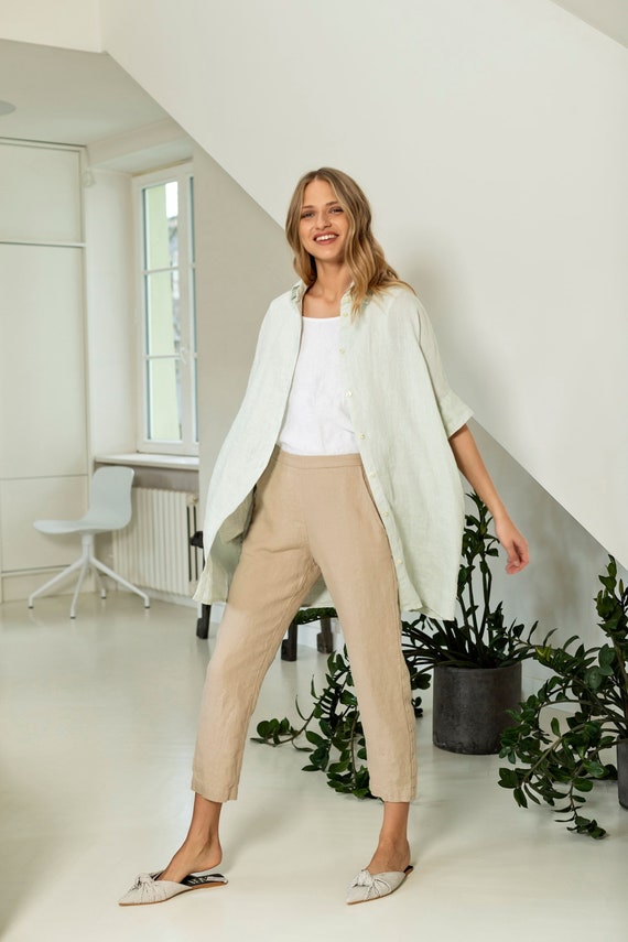 Heavy Linen Tapered Pants With Pockets, Cropped Linen Trousers
