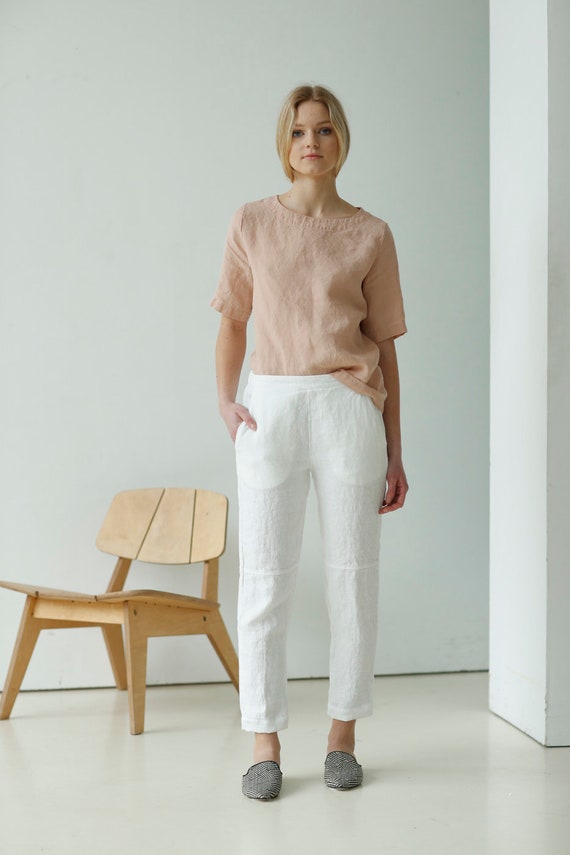 tapered white linen trousers