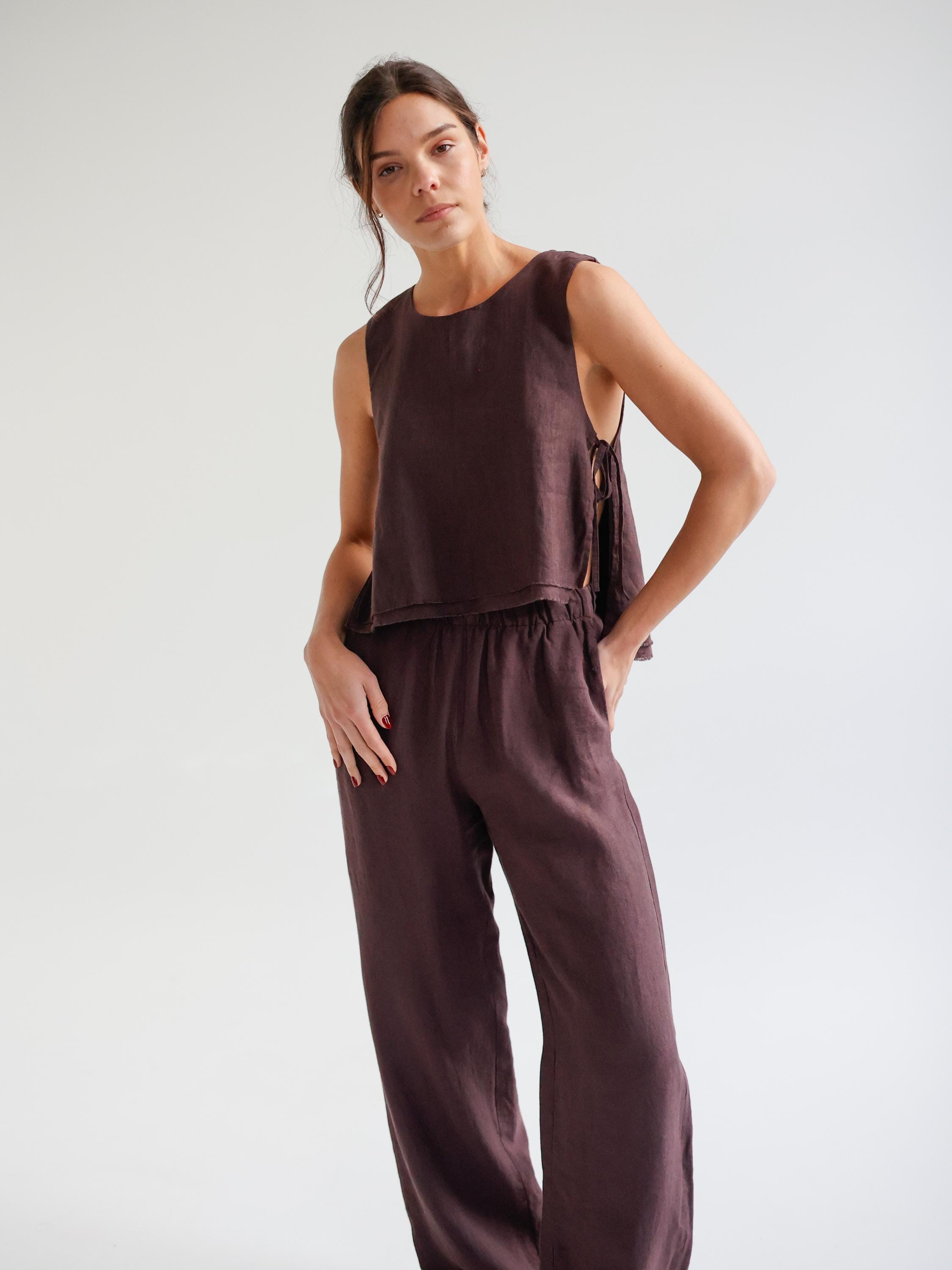 Layered Linen Vest For Women, Top With Side Ties, Open Waistcoat Mugo