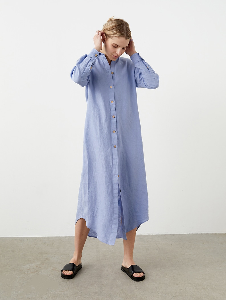 Linen shirt dress, linen A-line dress, linen maxi dress with pockets, loose fit kaftan, button-down linen dress, linen tunic dress ALLEY image 2