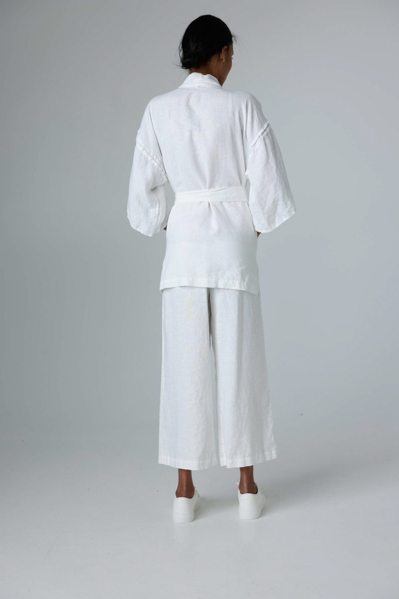 Linen kimono jacket with raw-edge details, linen jacket for women with kimono sleeves FUDO image 3