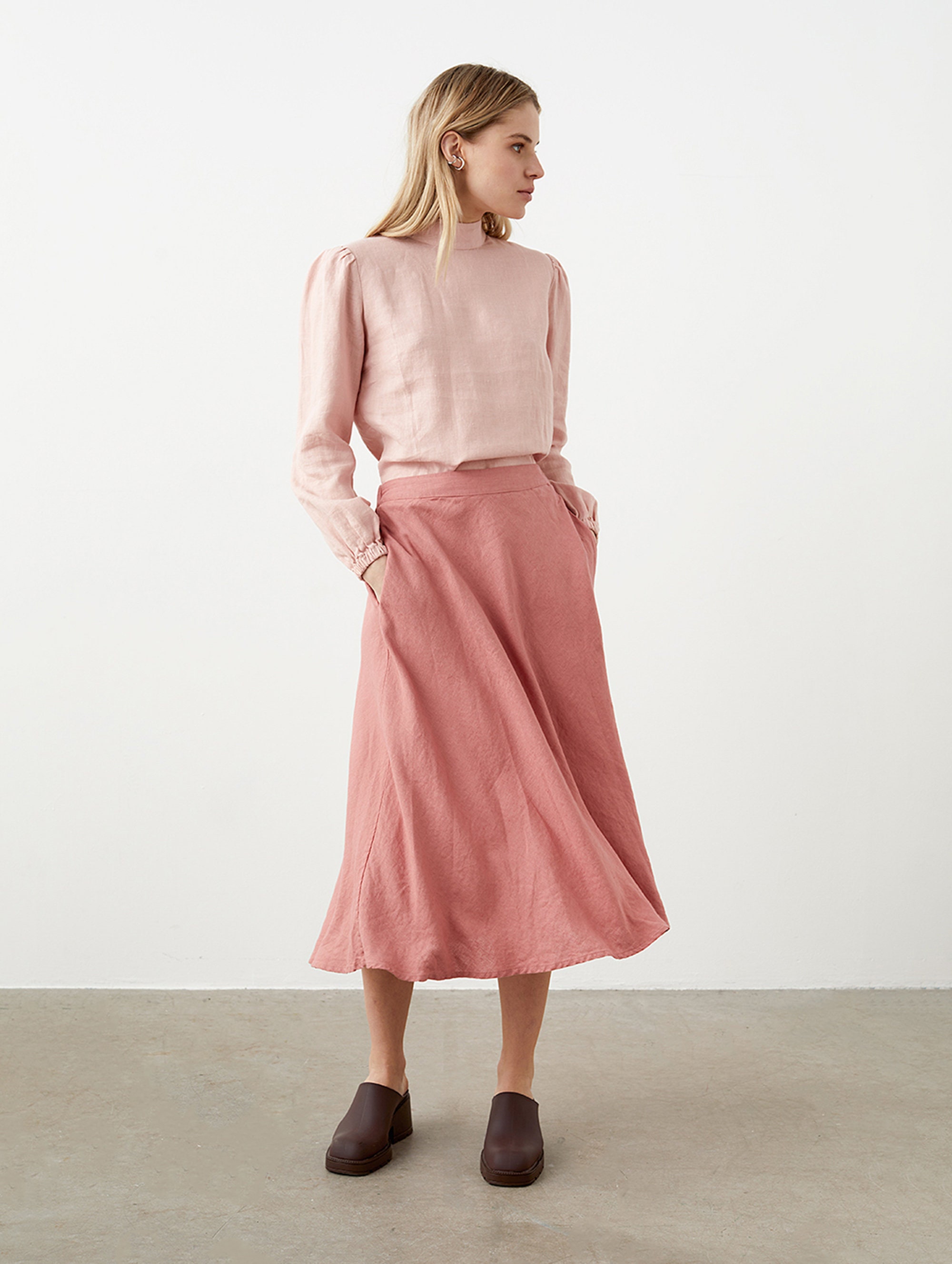 Flared Linen Skirt With Pockets, Midi Linen Skirt, A Line