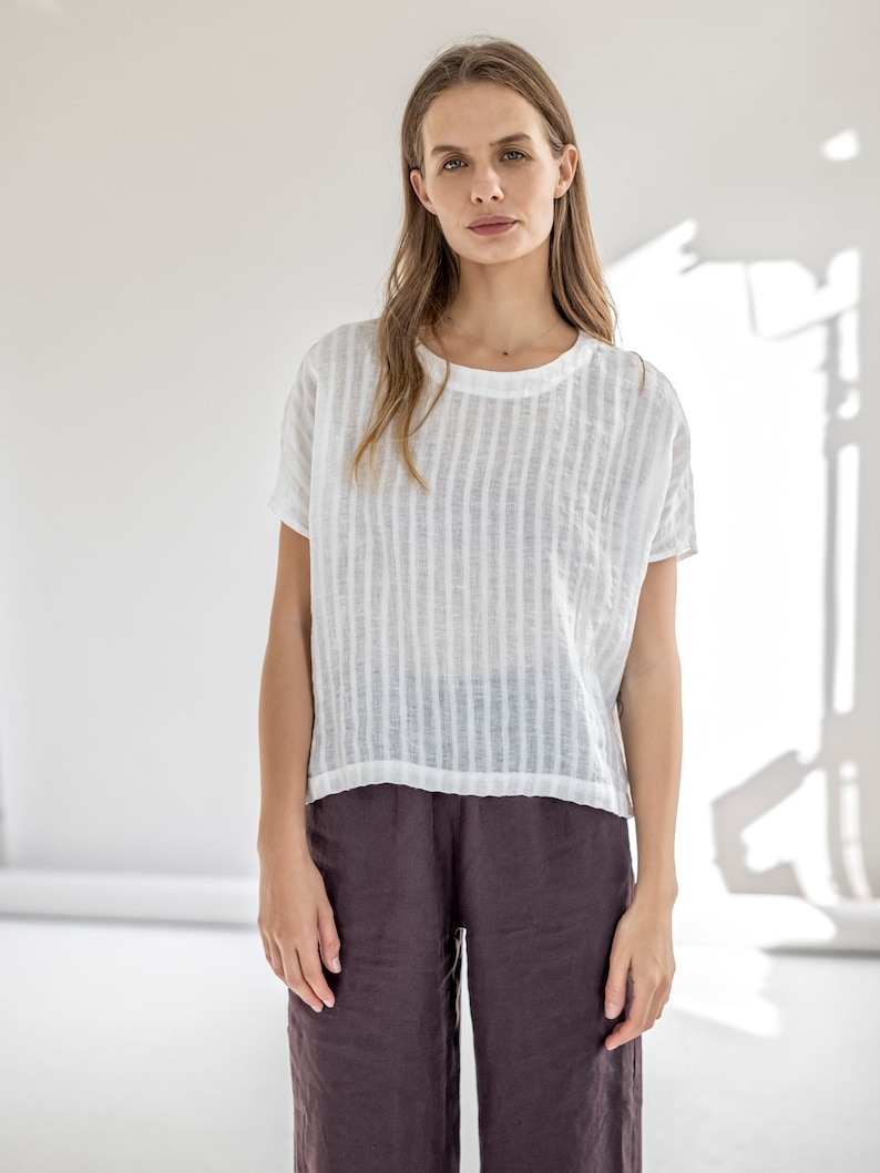 Oversized linen blouse with short sleeves, loose-fit linen blouse, basic linen tee with boat neck, linen t-shirt for women SAIL image 7