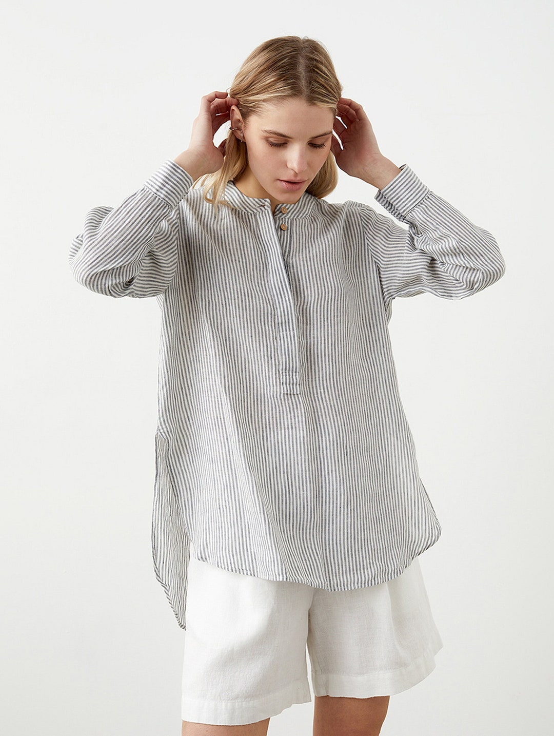 Linen Shirt for Women With Side Slits & Curved Hem, Buttoned Linen ...