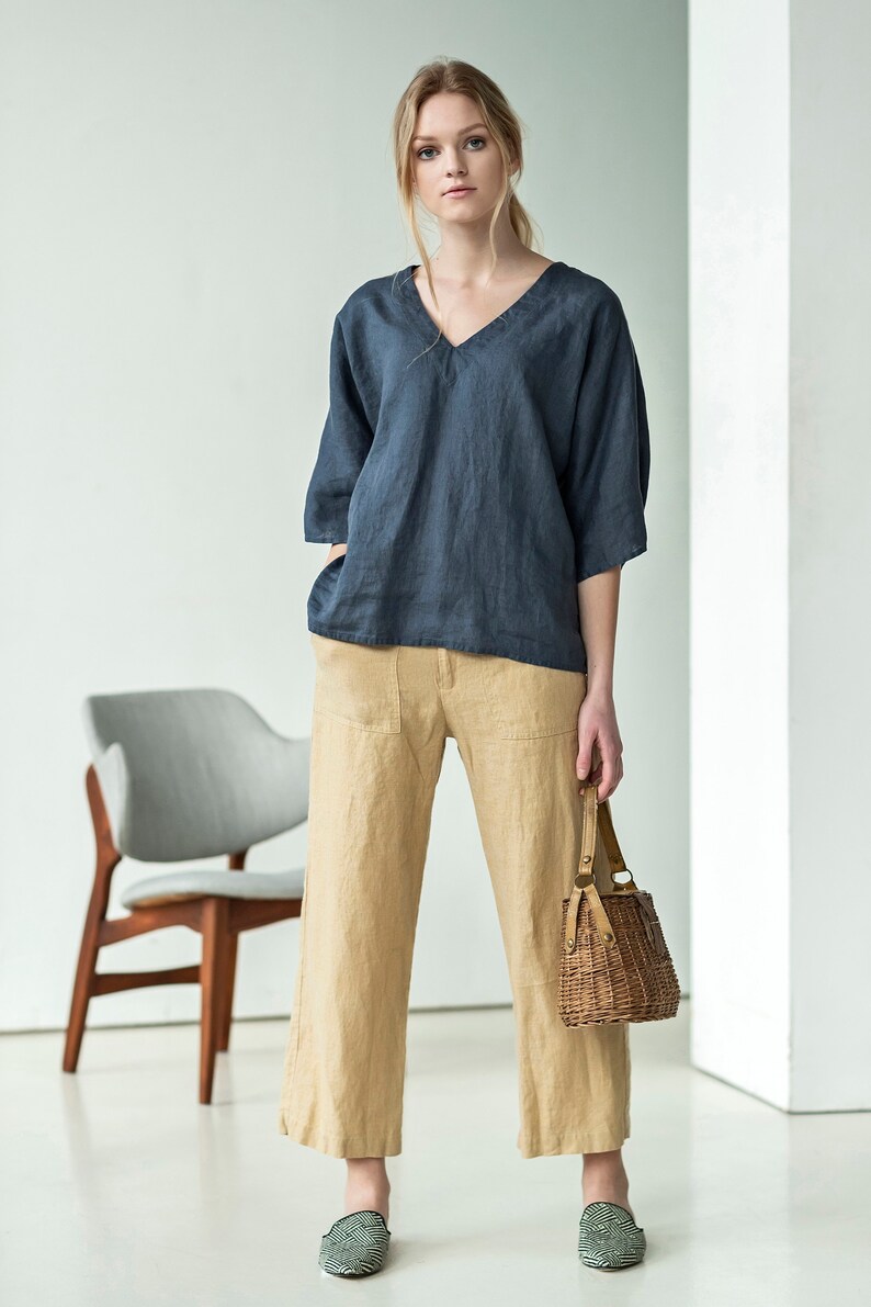 Blue linen kimono top / kimono style top for women / loose Etsy