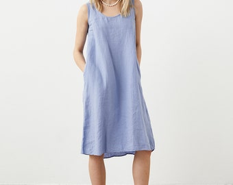 Loose summer linen dress, linen tank dress with pockets OLIVIA