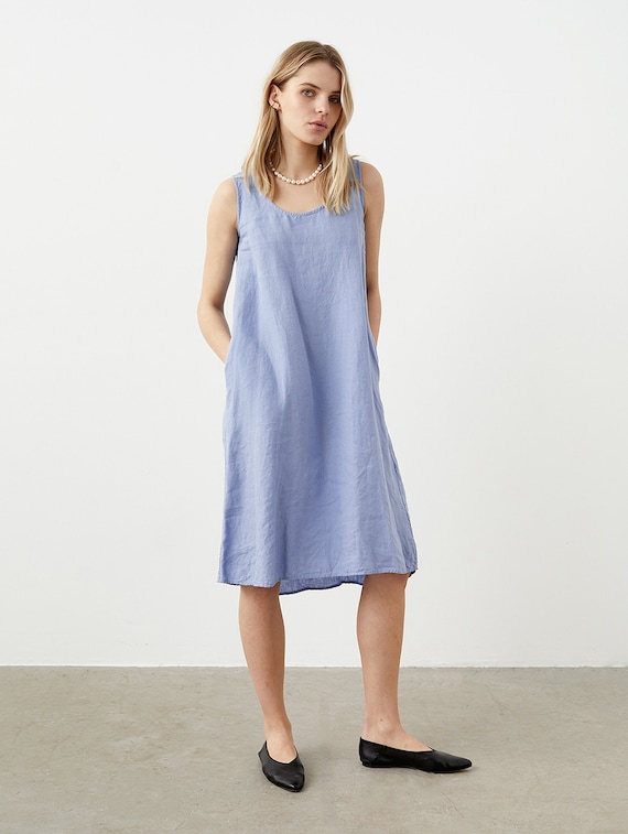 Pocket Tunic Dress, 100% Linen Scoop Neck Dress