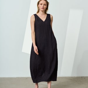 V-neck sleeveless linen dress, maxi linen dress with pockets, buttoned linen dress with slit, summer linen dress, everyday dress SOLSTICE