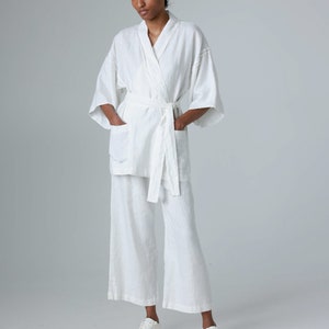 Linen kimono jacket with raw-edge details, linen jacket for women with kimono sleeves FUDO image 6