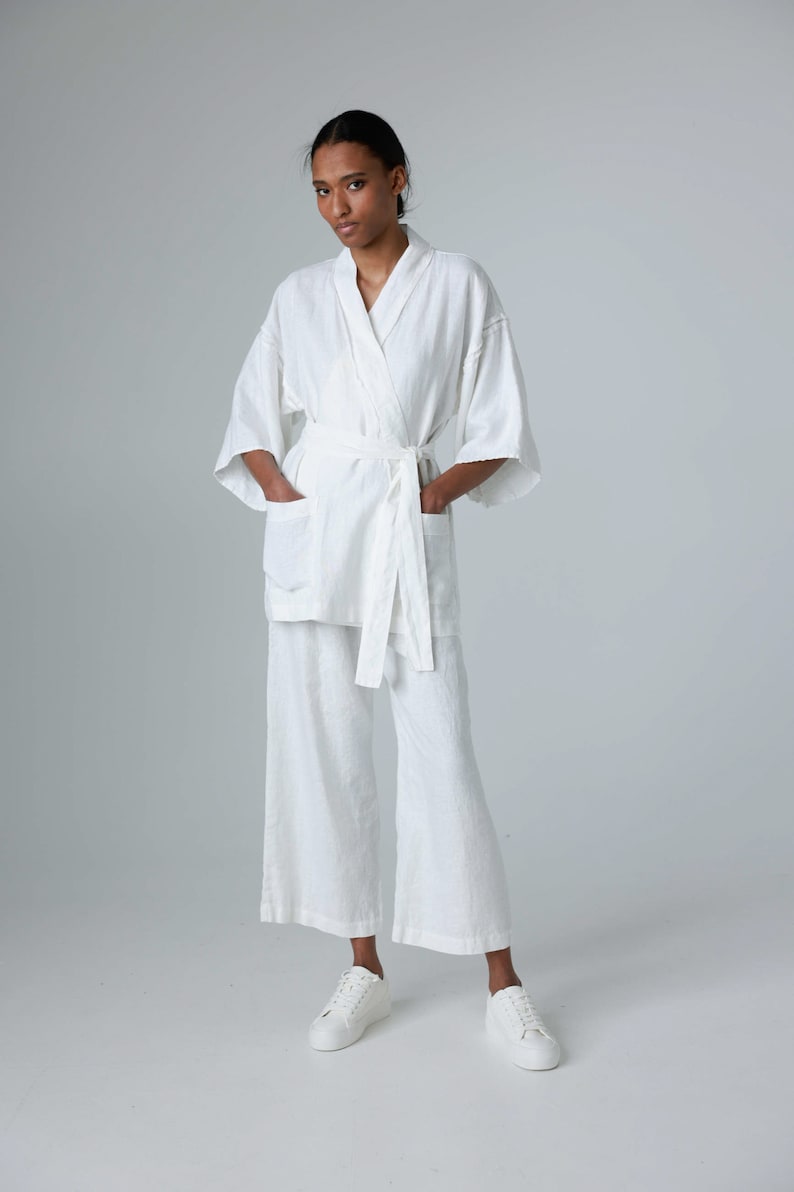 Linen kimono jacket with raw-edge details, linen jacket for women with kimono sleeves FUDO image 6