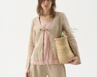 Size: S, Ready to ship Linen cardigan with tie strings, linen jacket for women, light overshirt, front tie linen top VIOLIN