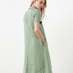 Linen shirtdress with short sleeves, A-line linen summer dress with classic collar, linen midi shirt dress with belt, casual linen dress EVA image 7