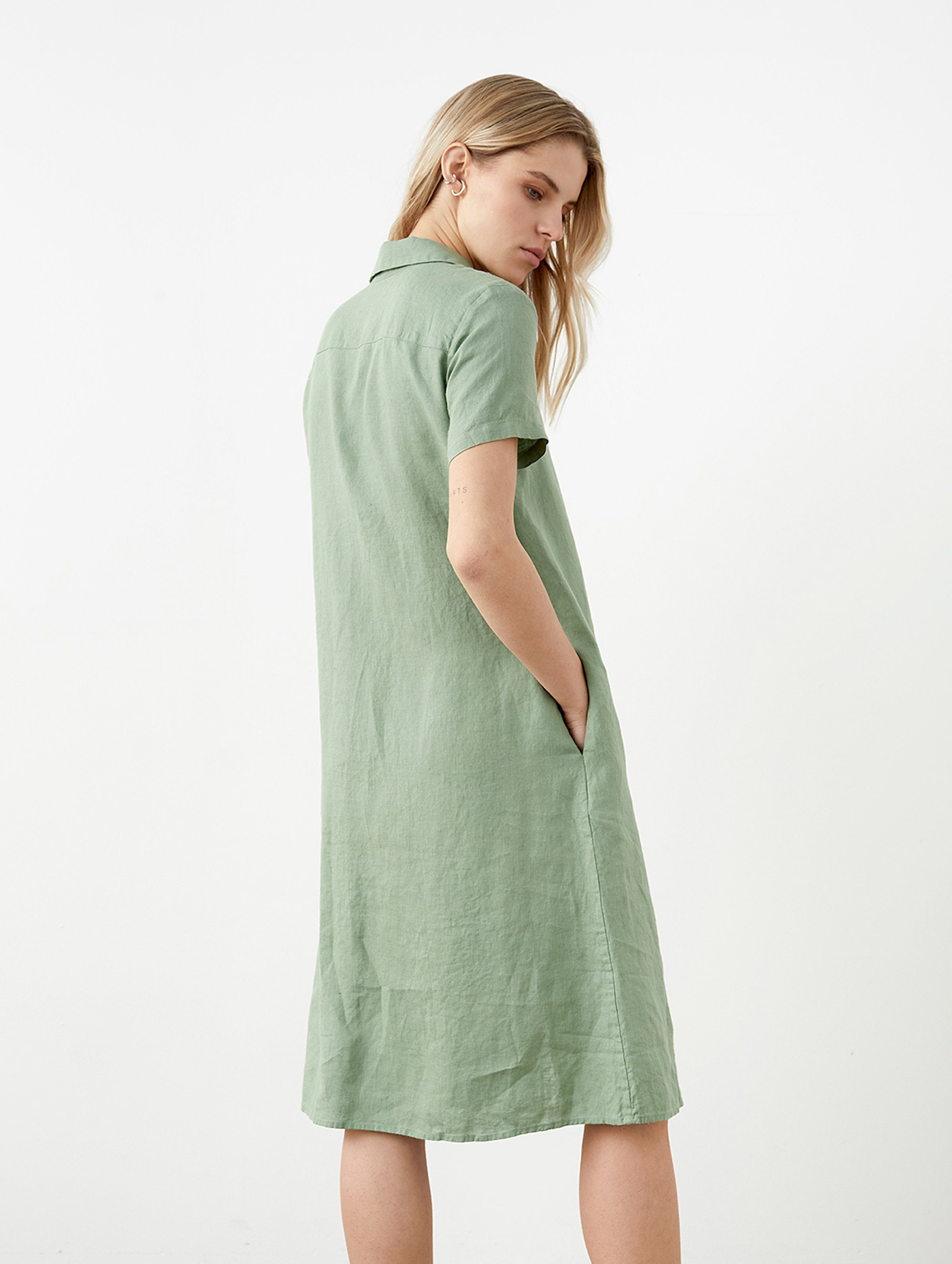 linen shirtdress with short sleeves, A-line linen summer dress with classic collar, linen midi shirt dress with belt, casual linen dress EVA