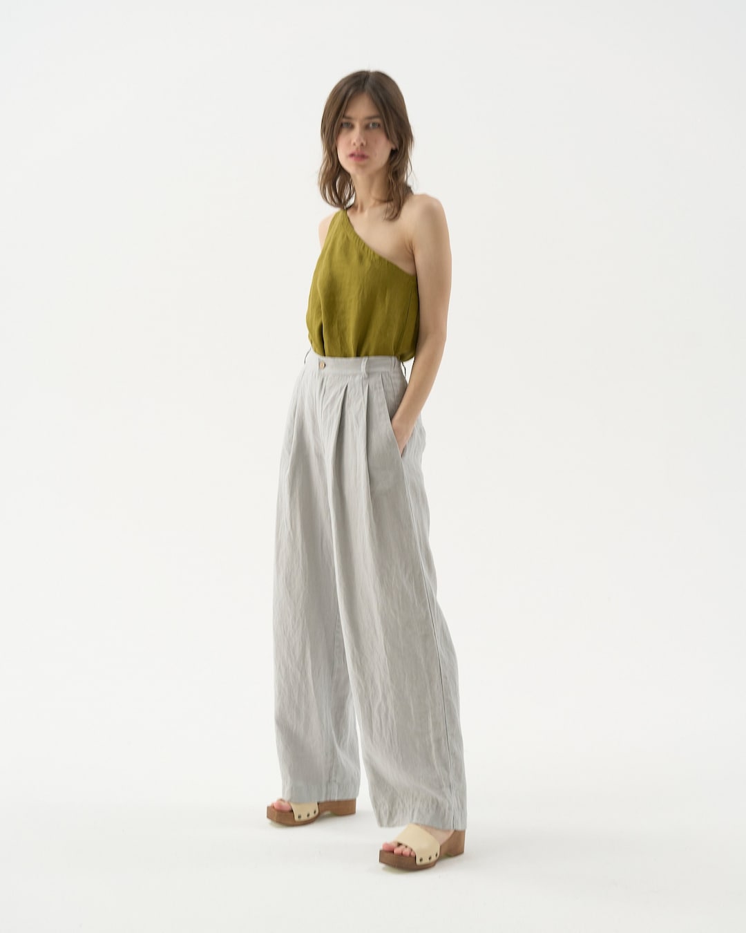 Women's Patchwork Wide Leg Linen Pants Trousers with Big Pockets