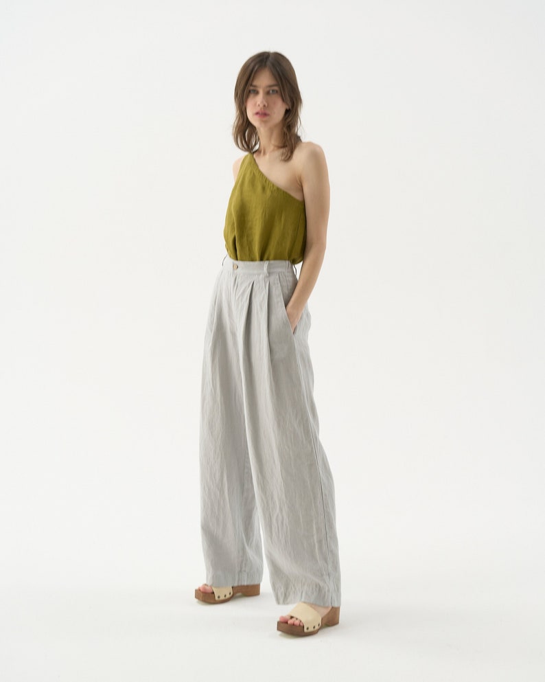 Wide leg linen pants with pockets, high waisted palazzo pants for women, pleated linen trousers MUSCAT image 1