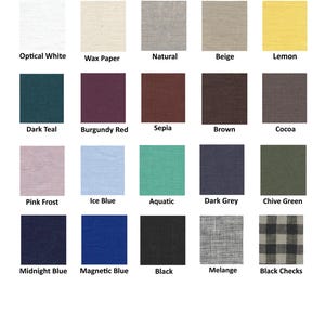 Puede incluir: Una carta de colores de lino de peso medio, 160-180 g/m2, con veinte muestras etiquetadas como Optical White, Wax Paper, Natural, Beige, Lemon, Dark Teal, Burgundy Red, Sepia, Brown, Cocoa, Pink Frost, Ice Blue, Aquatic, Dark Grey, Chive Green, Midnight Blue, Magnetic Blue, Black, Melange y Black Checks.