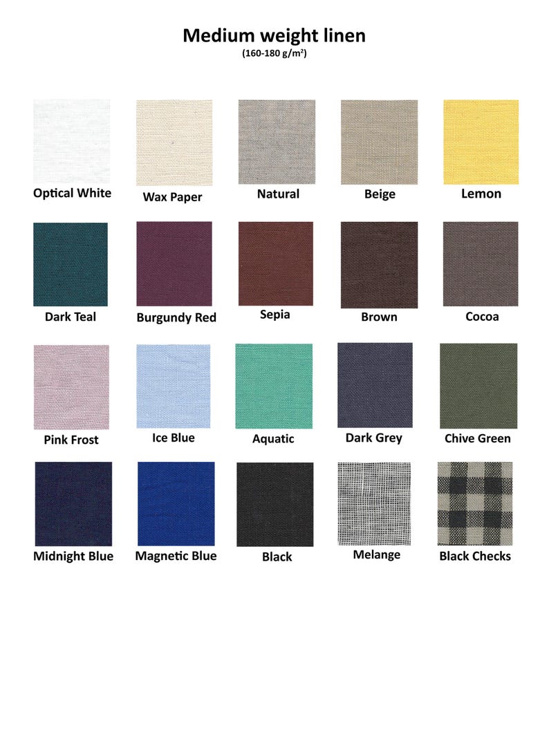 Puede incluir: Una carta de colores de lino de peso medio, 160-180 g/m2, con veinte muestras etiquetadas como Optical White, Wax Paper, Natural, Beige, Lemon, Dark Teal, Burgundy Red, Sepia, Brown, Cocoa, Pink Frost, Ice Blue, Aquatic, Dark Grey, Chive Green, Midnight Blue, Magnetic Blue, Black, Melange y Black Checks.