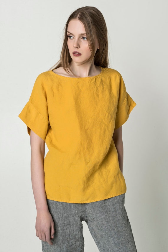 Short sleeve linen top yellow linen kimono top women linen Etsy