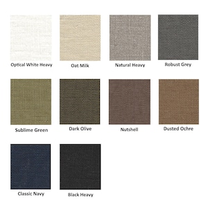 May include: Image showcasing a palette of heavy-weight linen fabric swatches in various colors. The swatches include Optical White, Oat Milk, Natural, Robust Grey, Sublime Green, Dark Olive, Nutshell, Dusted Ochre, Classic Navy, and Black Heavy. The text indicates a weight of 270 g/m&sup2;.