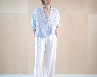 Oversize linen blouse  with V neck, loose fit linen shirt with puff sleeve, natural linen plus size kimono blouse, loose shirt AMALFI