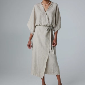 Linen wrap skirt with raw edges, linen midi skirt with belt loops, diagonal wrap skirt, calf-length skirt UGA