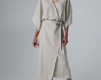 Linen wrap skirt with raw edges, linen midi skirt with belt loops, diagonal wrap skirt, calf-length skirt UGA