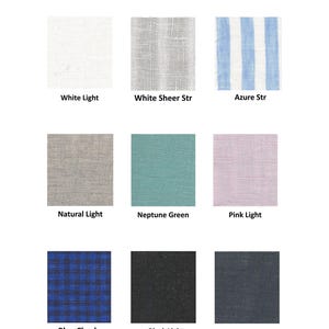 May include: Image showcasing nine fabric swatches of light weight linen. The swatches display various colors and patterns, including white, gray, blue stripes, natural, teal, pink, blue checks, black, and dark gray. The text "Light weight linen (130 g/m&sup2;)" is at the top.
