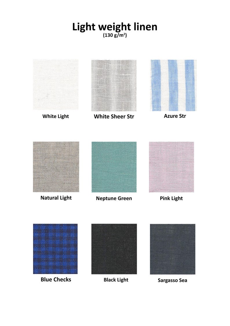 May include: Image showcasing nine fabric swatches of light weight linen. The swatches display various colors and patterns, including white, gray, blue stripes, natural, teal, pink, blue checks, black, and dark gray. The text "Light weight linen (130 g/m&sup2;)" is at the top.